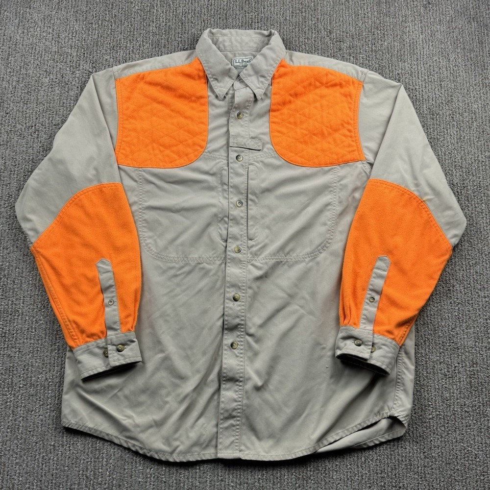 VTG LL Bean Mens M Reg Shooting Hunting Shirt Button Up Long Sleeve Khaki Orange